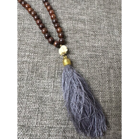 Boho Handcrafted Wooden Bead Necklace w/ Elephant Charm & Tassel Womens Fashion - Picture 3 of 7